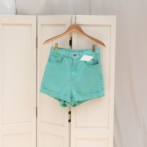American Apparel High Rise Green Denim Cuffed Shorts